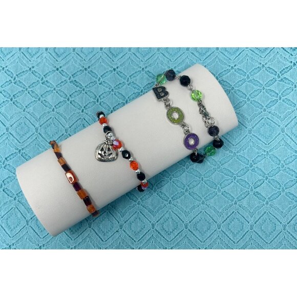 Halloween-Themed Beaded Bracelets Set Of 3 Handcrafted 1990s With Charms & Clasp - Picture 1 of 9